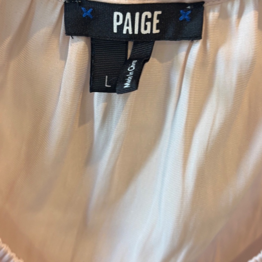 PAIGE Womens Blush Pink Satin Smocked Peplum Long Sleeve Tie Neck Blouse Size L - Picture 3 of 5